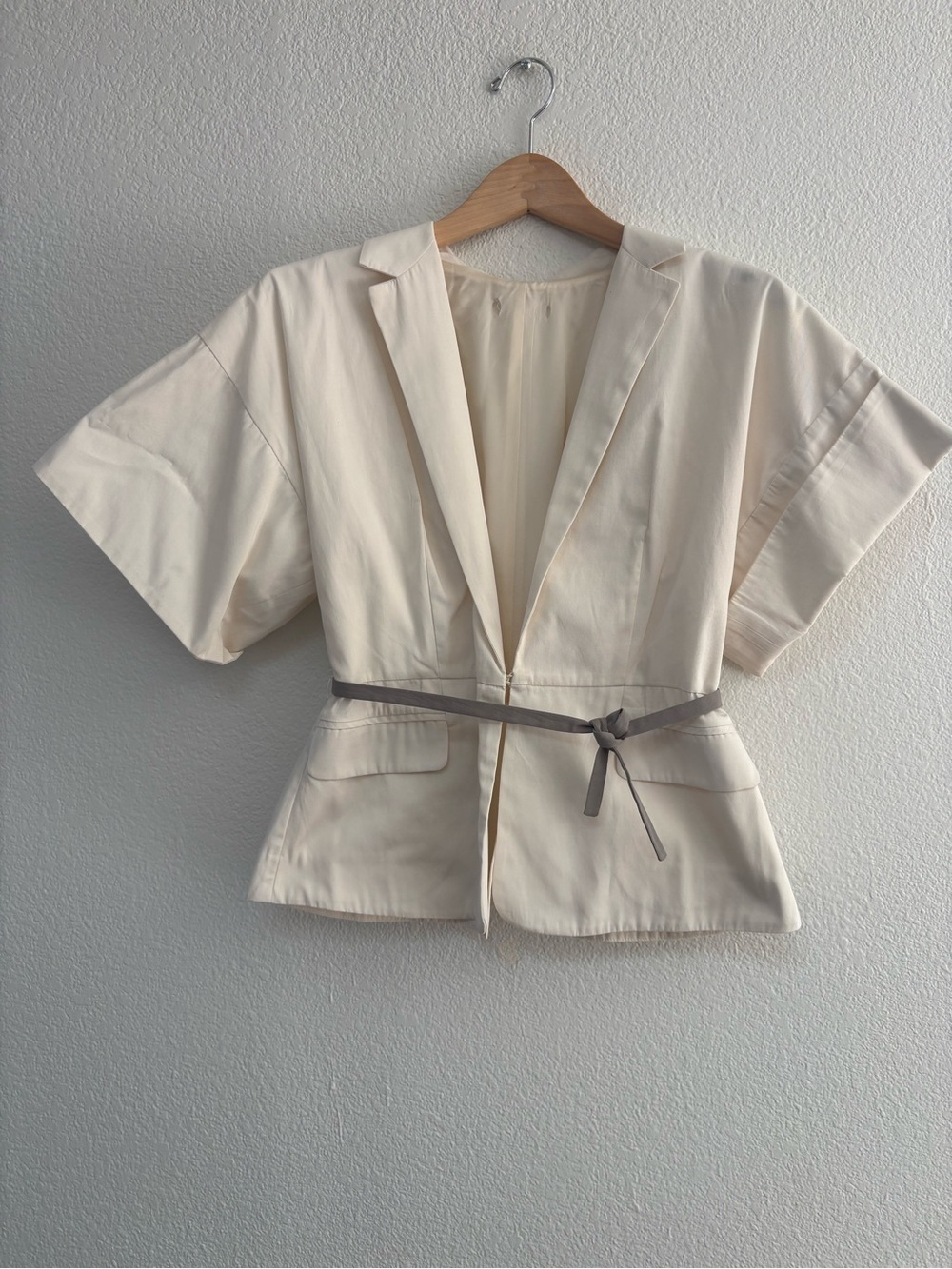 Cream Short-Sleeve Blazer with Waist Tie